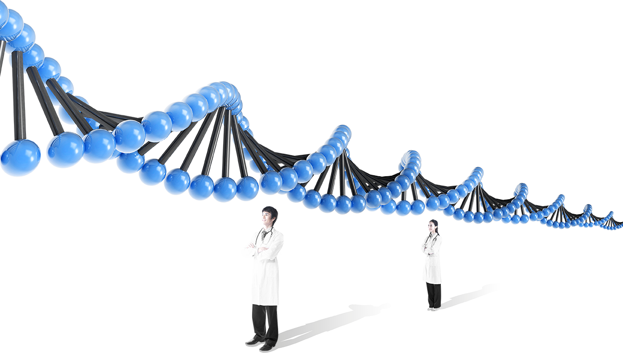 DNA helix illustration with two researchers